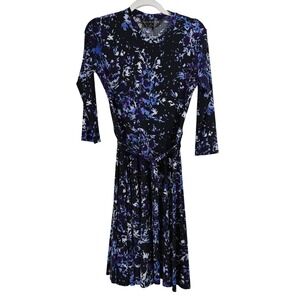 KAMALIKulture‎ NORMA KAMALI BLUE SMALL FLOWERS MIDI Dress Women Small TIE WAIST